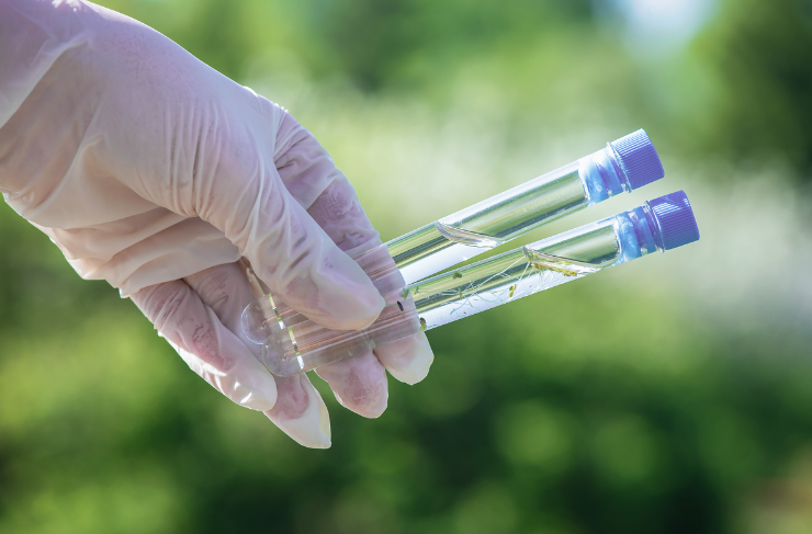 Two vials of water held in a gloved hand for CECs testing.